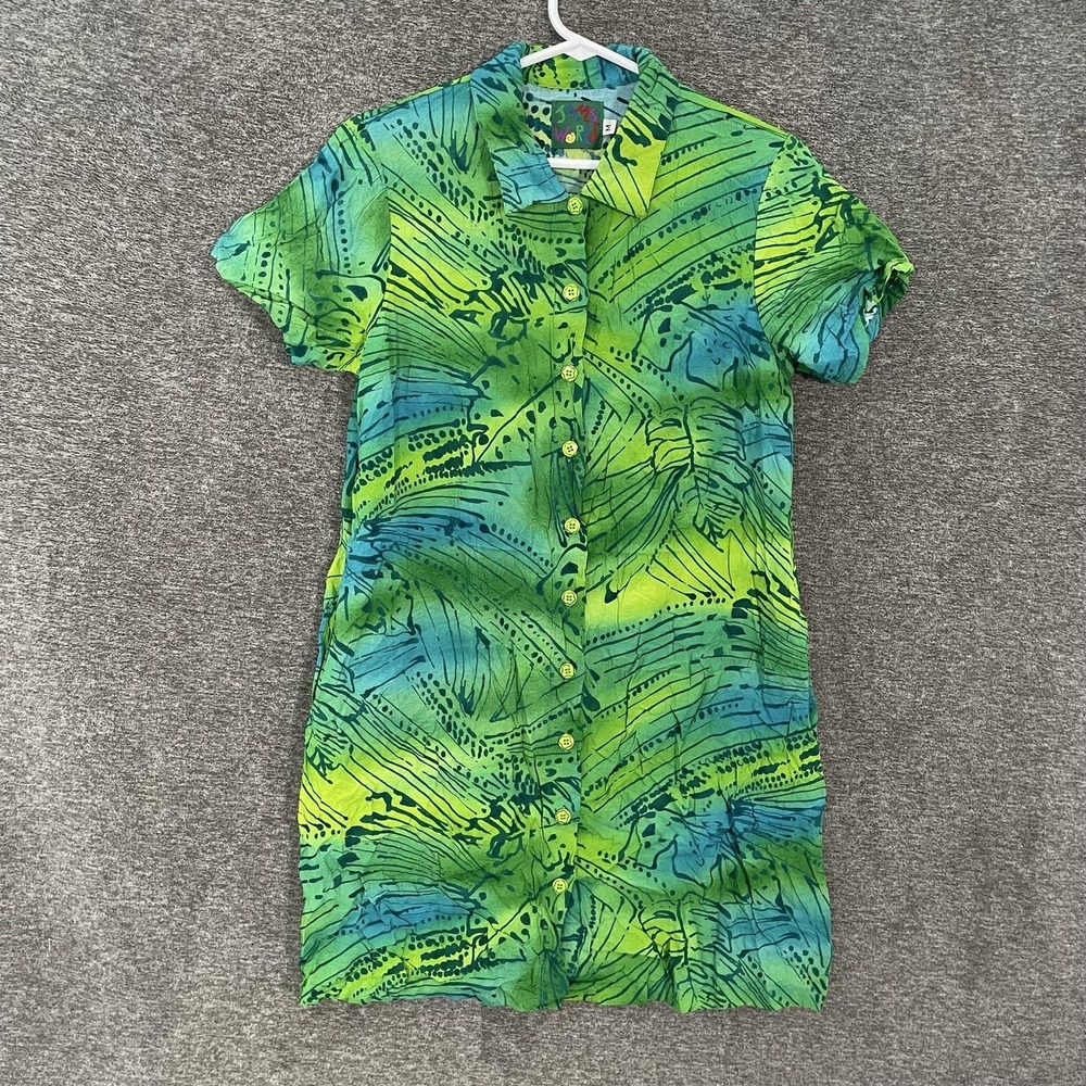 Jams World Shirt Dress Womens M Whisper Green Batik Button Short Sleeve Tropical